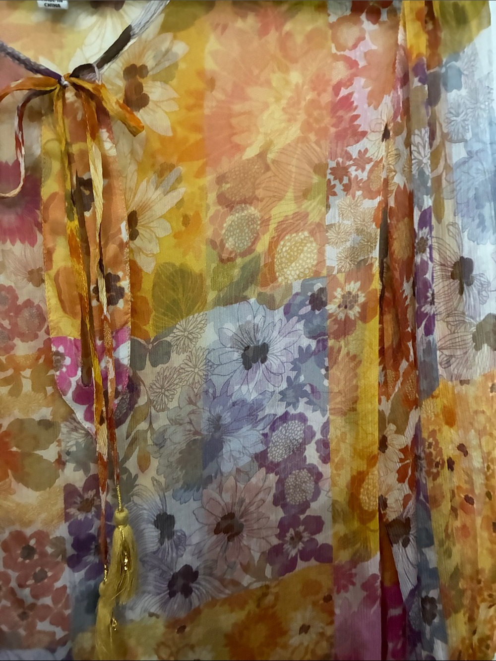 Johnny Was Jade Silk Becky Sheer Floral Tie-Neck Blouse in Yellow and Pink - Picture 8 of 10
